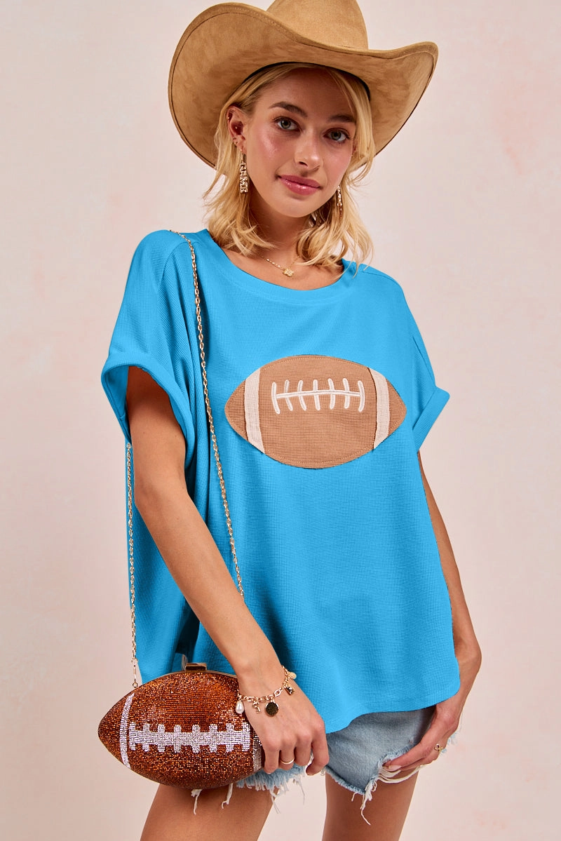 Refined Look Clean Minimal Look IP8188G-59 | GAMEDAY FOOTBALL PATCHWORK WAFFLE SHORT TOP