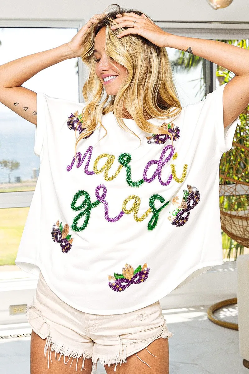 City Wear Everyday Active Style IP8188J-12 | MARDI GRAS TINSEL SEQUIN MASK TOP