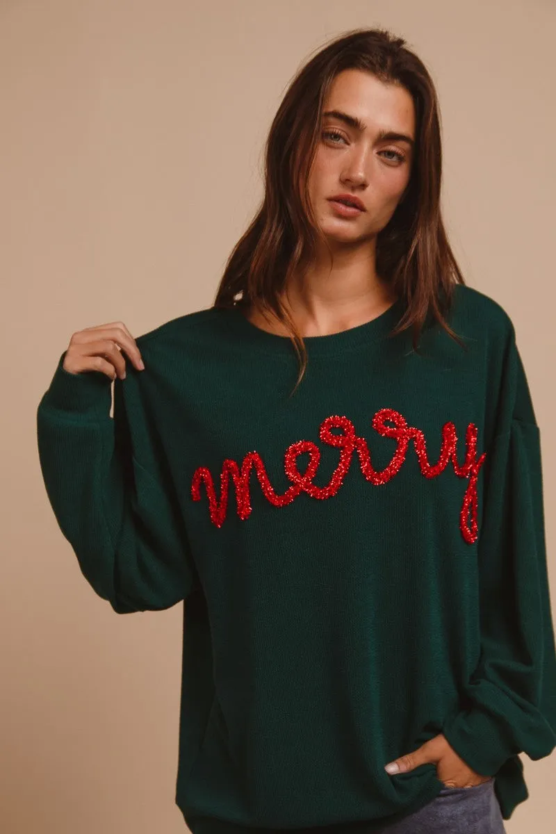 IP8232-44 | MERRY TINSEL LETTERING TWO TONE RIB PULLOVER Double Breasted