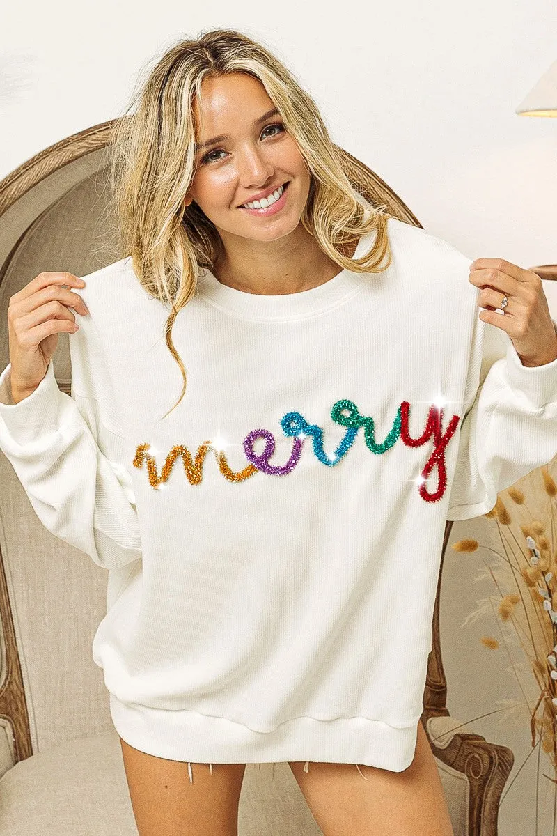 Breathable City Style IP8232-44 | MERRY TINSEL LETTERING TWO TONE RIB PULLOVER