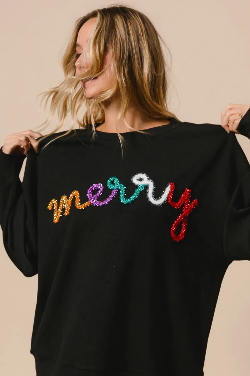 Functional Piece IP8232-44 | MERRY TINSEL LETTERING TWO TONE RIB PULLOVER