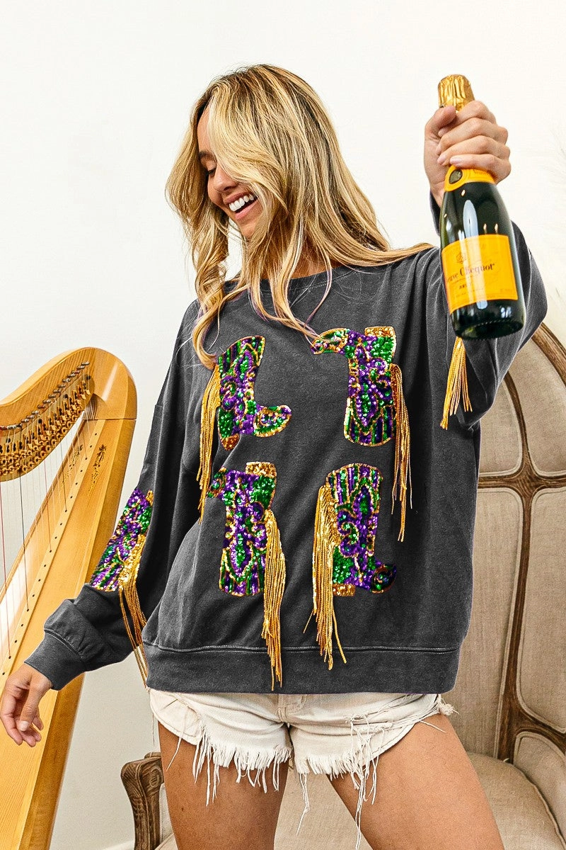 Global Style Natural Feel IP8232G-29 | FRINGED MARDI GRAS BOOTS SEQUIN  PULLOVER
