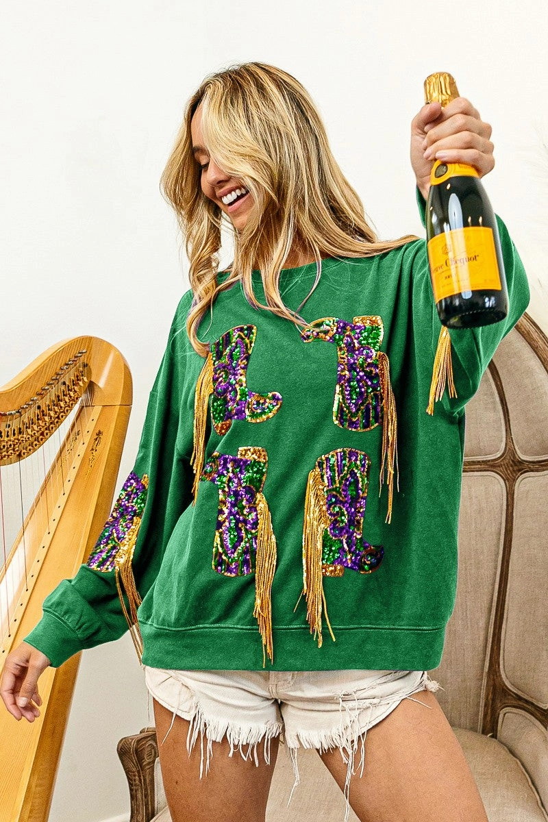 IP8232G-29 | FRINGED MARDI GRAS BOOTS SEQUIN  PULLOVER Subtle Mood