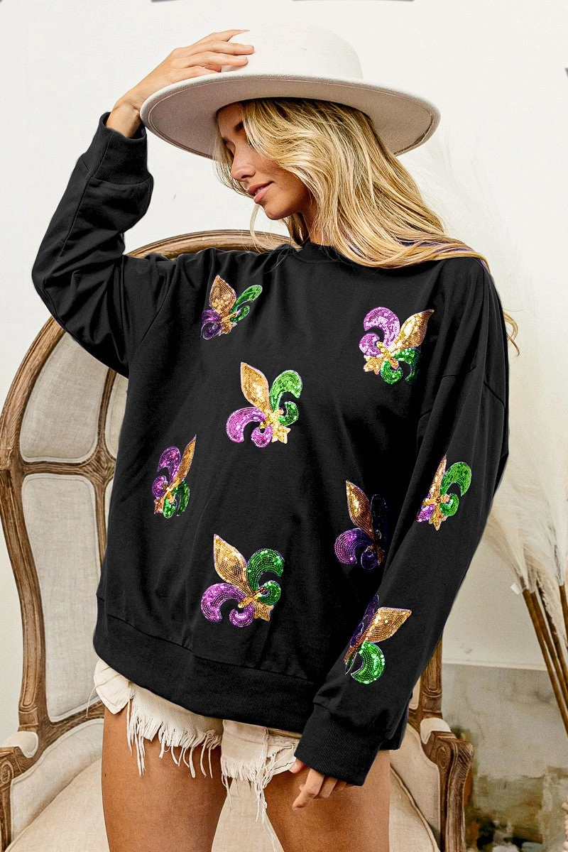 Easy Tones Mood Casual IP8232G-30 | FLEUR DE LIS SEQUIN PATCHES MARDI GRAS PULLOVER