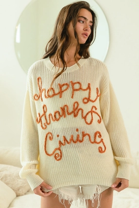 Side Pockets Decorative stitching IP8254G-07 | HAPPY THANKSGIVING LETTERING SWEATER