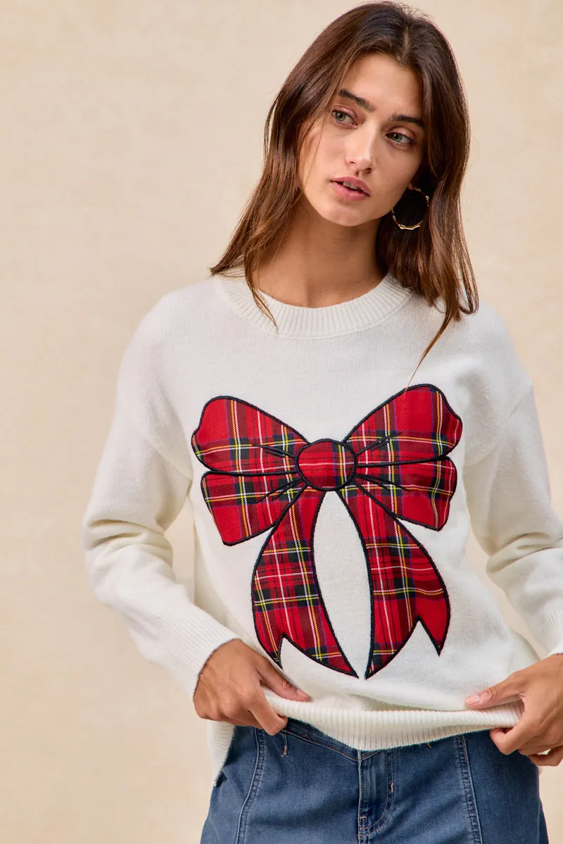 IP8254S-10 | CHRISTMAS PLAID BOW KNIT TOP Travel Ready