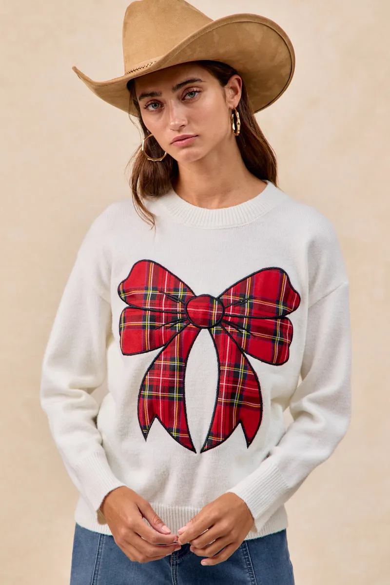 IP8254S-10 | CHRISTMAS PLAID BOW KNIT TOP Sustainable Material
