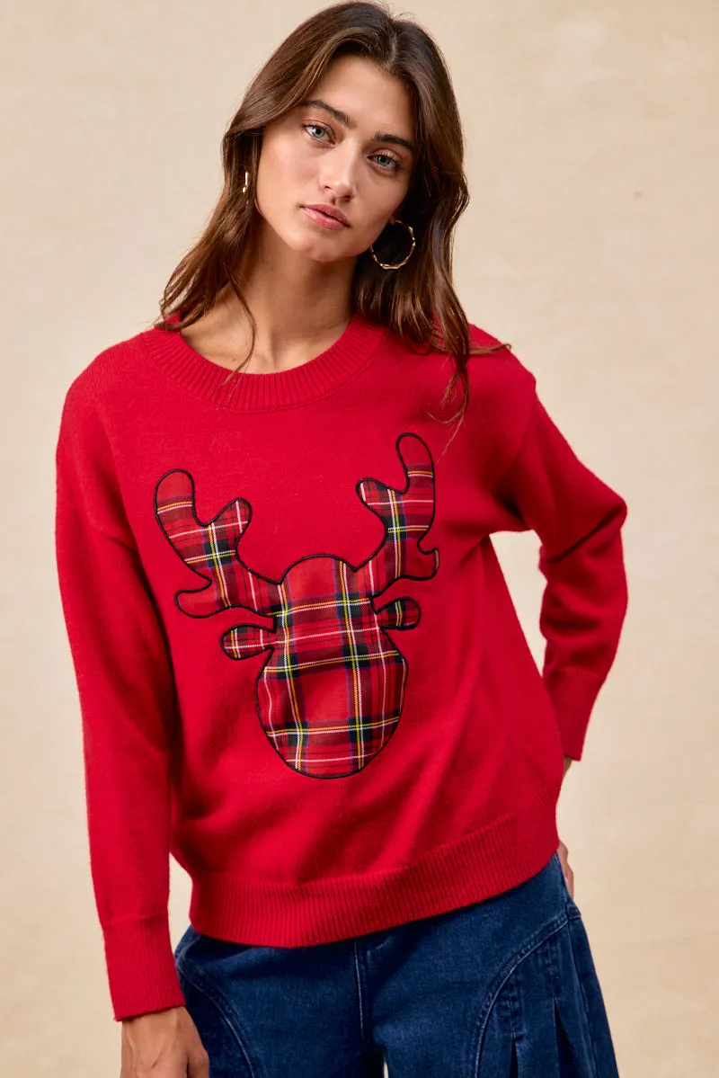 IP8254S-11 | CHRISTMAS PLAID RUDOLPH KNIT TOP Functional Pockets Style Neutral Street Style