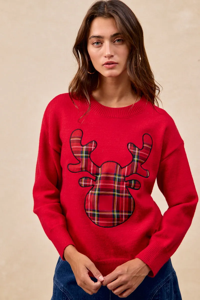 Clean Edge Piece Street Fashion IP8254S-11 | CHRISTMAS PLAID RUDOLPH KNIT TOP