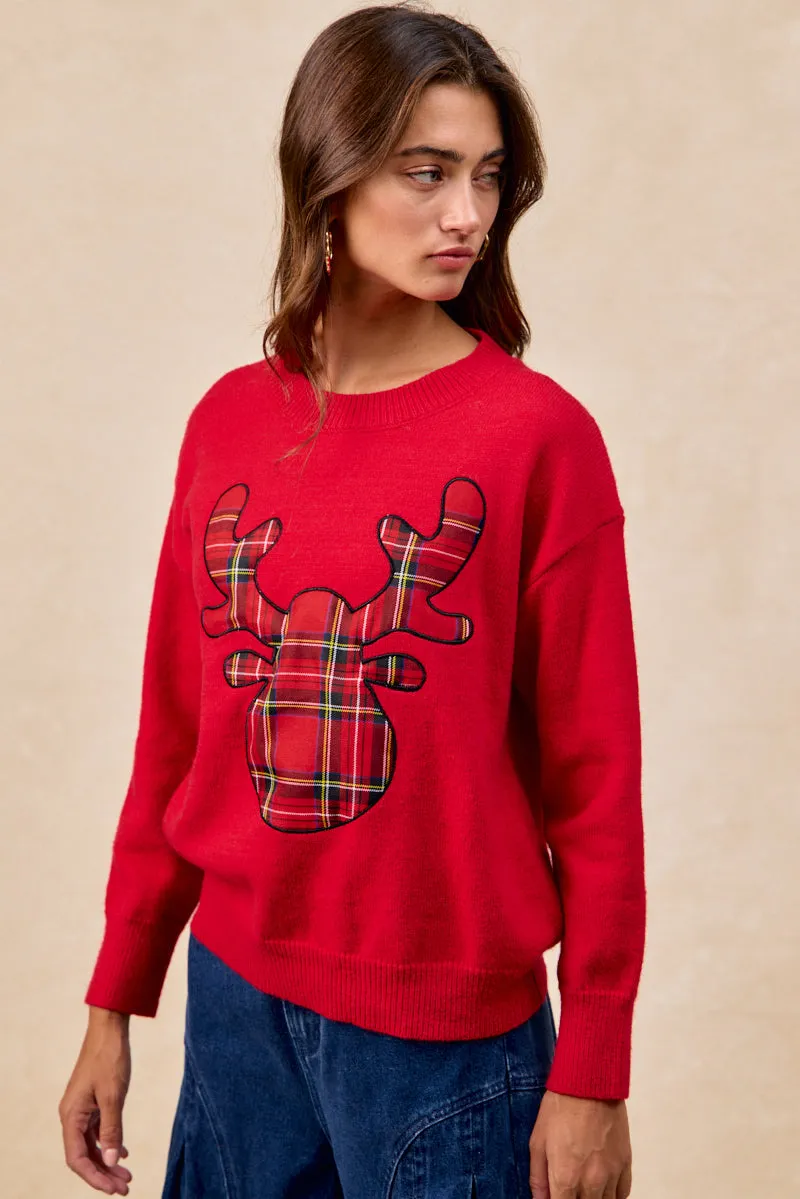 IP8254S-11 | CHRISTMAS PLAID RUDOLPH KNIT TOP Chic Comfort Weekend Ready