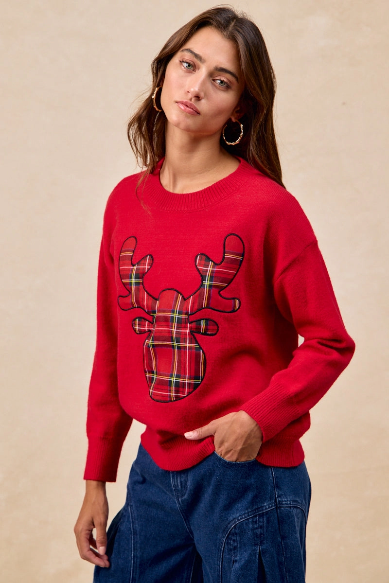 IP8254S-11 | CHRISTMAS PLAID RUDOLPH KNIT TOP Embroidered Fabric