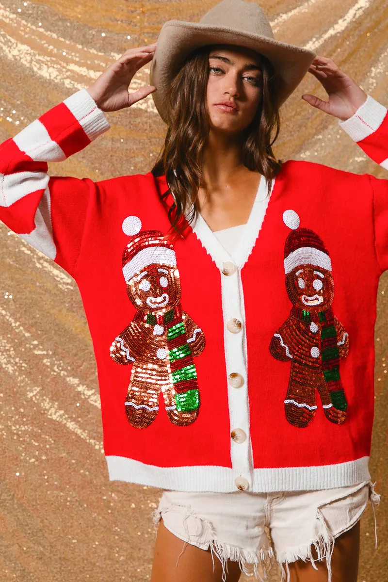 Autumn Vibe Oversized Fit IP8280G-03 | SEQUIN GINGERBREAD MAN CHRISTMAS SWEATER CARDIGAN