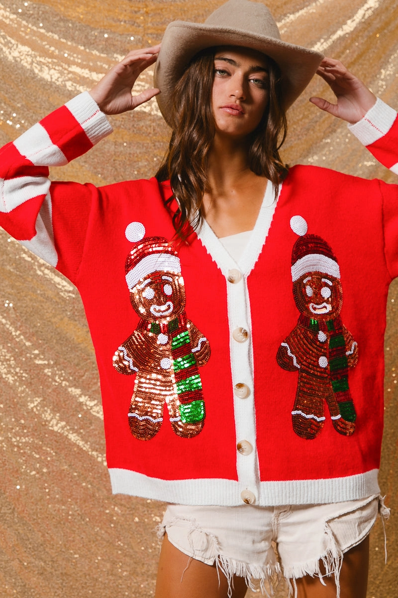Work Tough IP8280G-03P | SEQUIN GINGERBREAD MAN CHRISTMAS SWEATER CARDIGAN