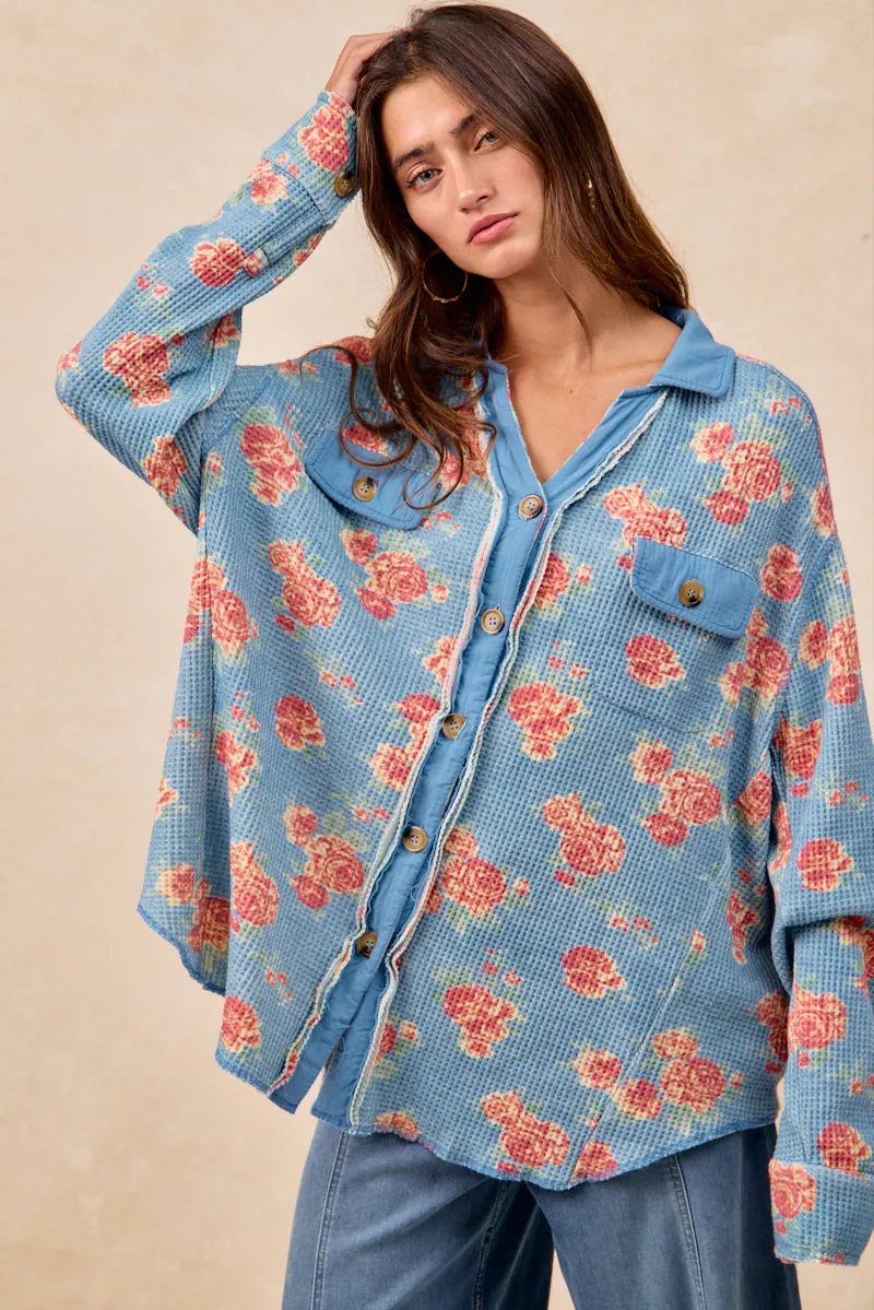 IP8315G-04 | FLORAL PRINT WAFFLE THERMAL SHACKET WITH POCKETS Durable Stitching