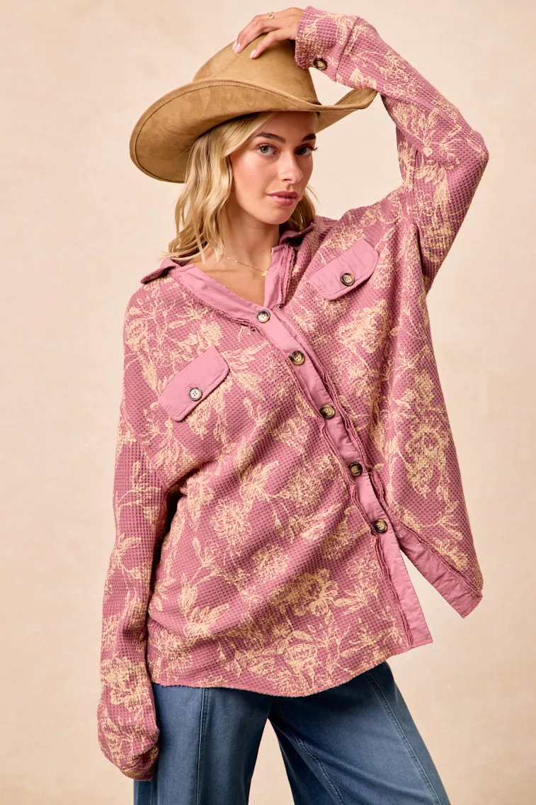 IP8315G-06 | FLORAL PRINT WASHED WAFFLE THERMAL SHACKET City Chill Style Stretch Comfort