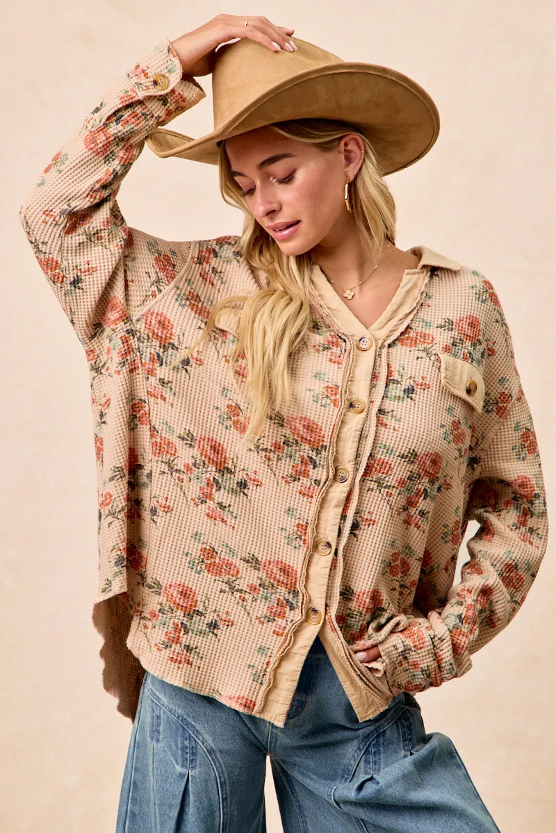 Stylish Outer Layer IP8315G-07 | FLORAL PRINT WASHED WAFFLE THERMAL SHACKET