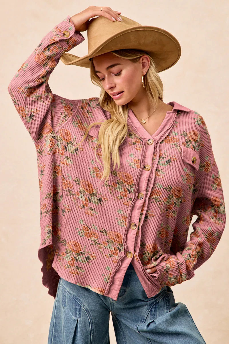 City Ready Style IP8315G-07 | FLORAL PRINT WASHED WAFFLE THERMAL SHACKET