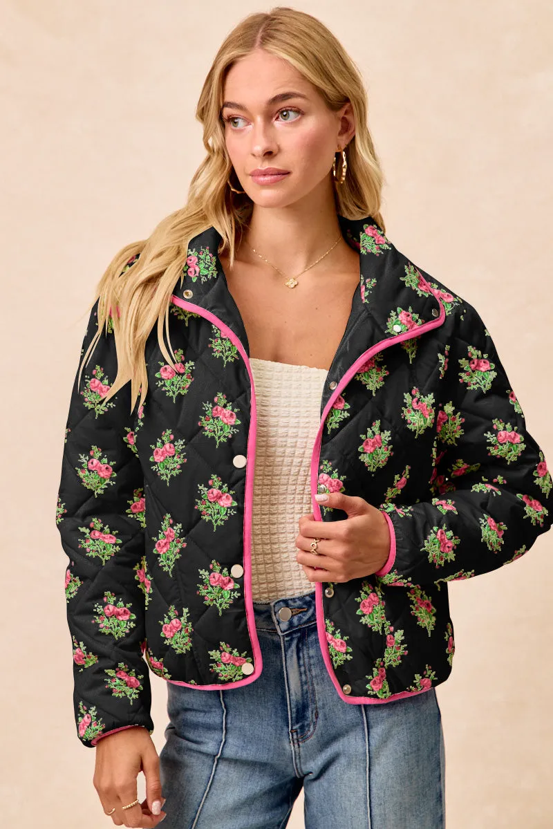IP8318G-08 | FLORAL PRINT PIPING DETAIL QUILTED JACKET Street Inspired