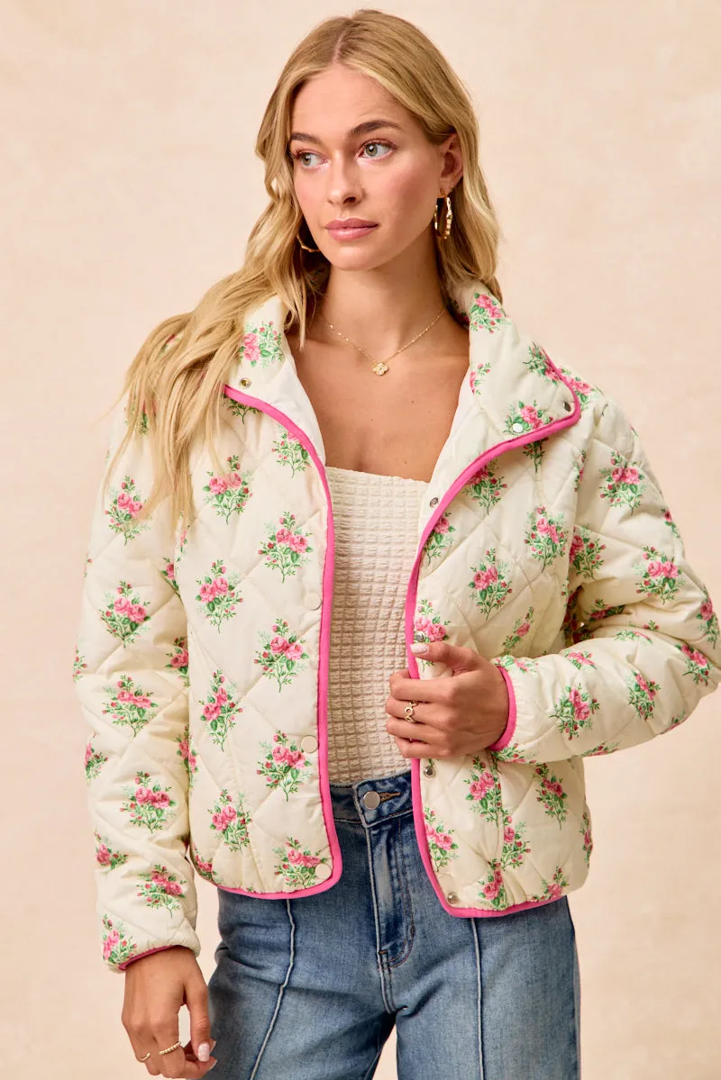 Flexible Use IP8318G-08 | FLORAL PRINT PIPING DETAIL QUILTED JACKET