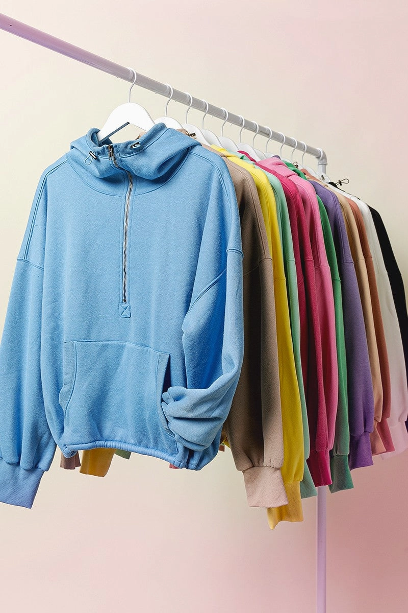 IP8347-01P | STITCH DETAILED ELASTIC HEM HALF ZIP FLEECE HOODIE Petite Fit Flattering Design