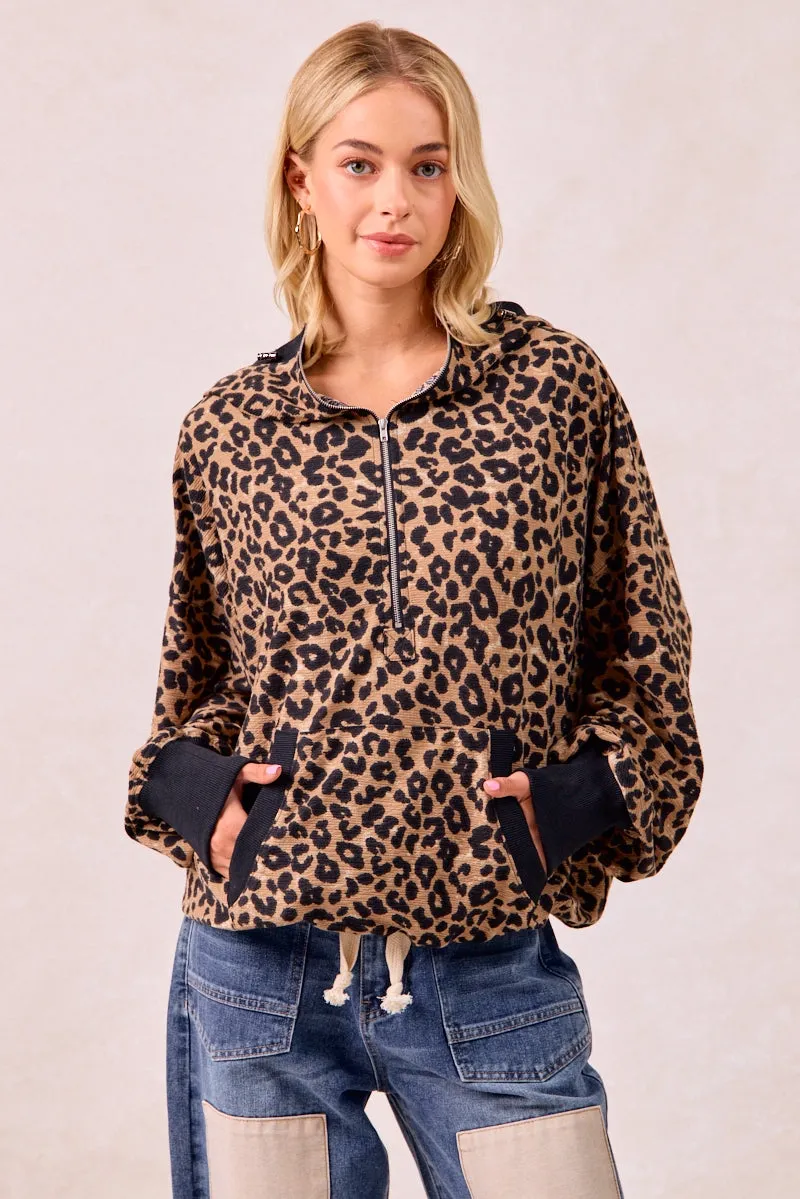 Mild Weather Layer Simple Fit IP8347G-59 | LEOPARD PRINT WAFFLE HALF ZIP UP HOODIE W POCKET