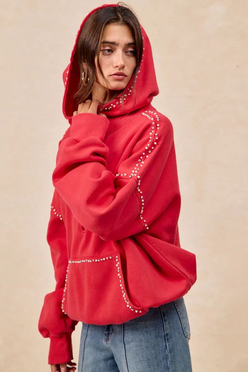 IP8347S-60 | BRUSHED TERRY HALF ZIP UP HOODIE TOP WITH JEWELED Travel Light Fit