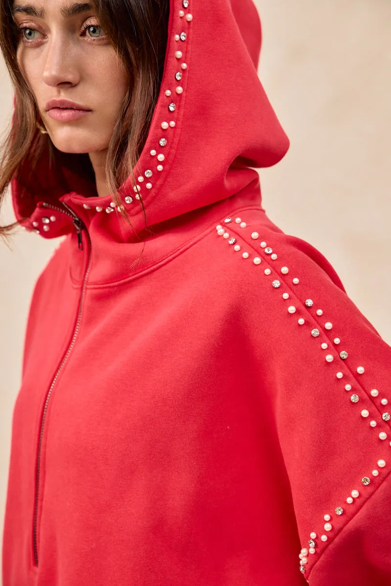 Casual City Lifestyle Wear IP8347S-60 | BRUSHED TERRY HALF ZIP UP HOODIE TOP WITH JEWELED