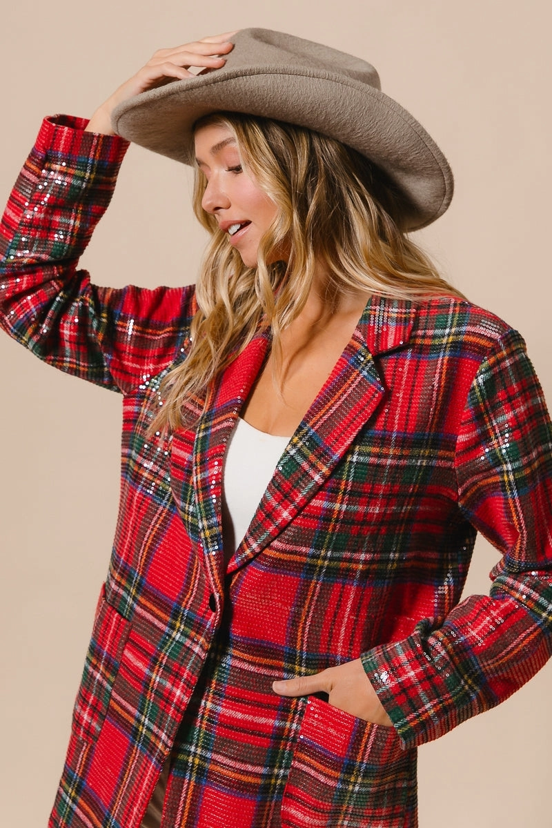 IP8352G-03 | CHRISTMAS BRUSHED PLAID SEQUIN PATCH JACKET Stable Shape All-Day Wear