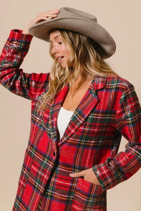 IP8352G-03 | CHRISTMAS BRUSHED PLAID SEQUIN PATCH JACKET Stable Shape All-Day Wear