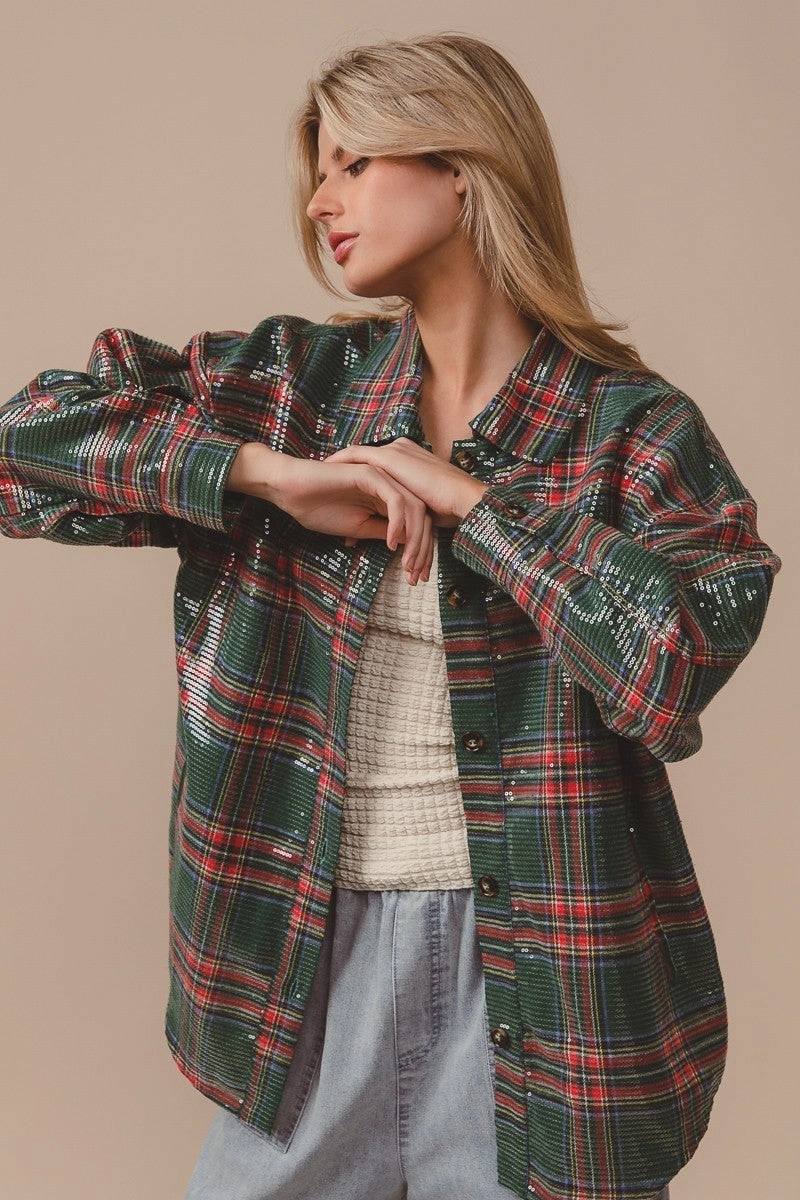 IP8362G-02P | CLEAR SEQUIN PLAID CHRISTMAS SHIRT Mid Length Design