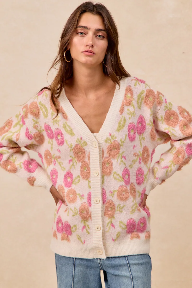 Effortless Look Outdoor Trip IP8385S-05 | TOWEL TEXTURE FLORAL PATTERN BUTTON UP CARDIGAN