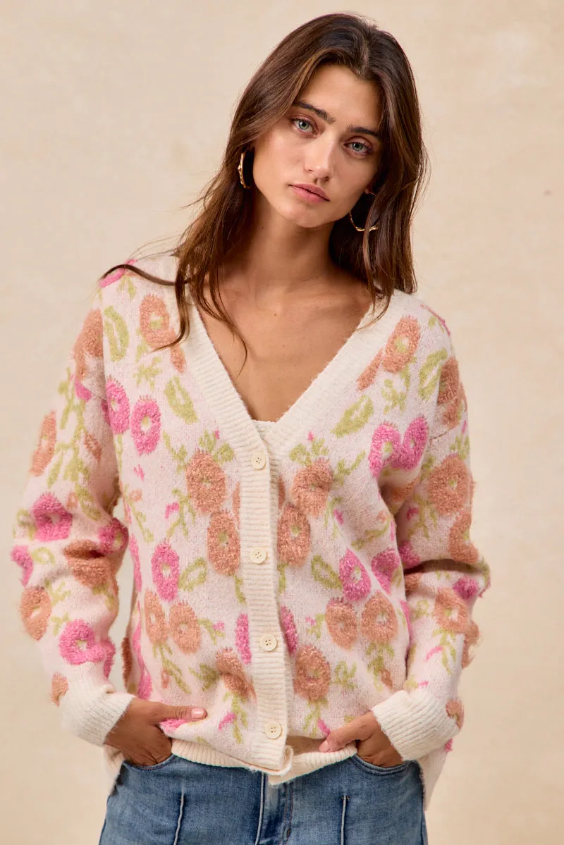 IP8385S-05 | TOWEL TEXTURE FLORAL PATTERN BUTTON UP CARDIGAN Relaxed Daily Style