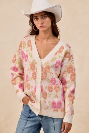 IP8385S-05 | TOWEL TEXTURE FLORAL PATTERN BUTTON UP CARDIGAN Polished Look Lightweight Comfort