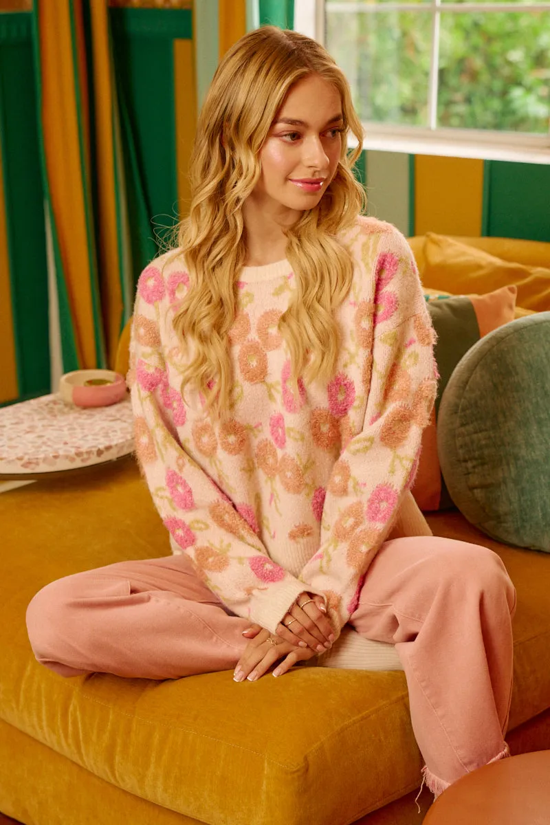 Crisp Weather Fit IP8563S-02 | TOWEL TEXTURE FLORAL PATTERN SWEATER KNIT TOP