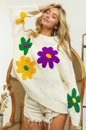 Bomber Cut IP8689-04 | MARDI GRAS COLORS FLOWERS EMBROIDERY SWEATER