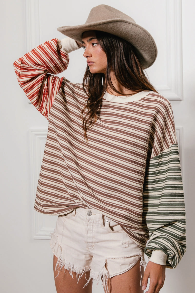 Practical Cold Piece Autumn Ready IP9107G-03 | STRIPED KNIT COLOR BLOCK PULLOVER