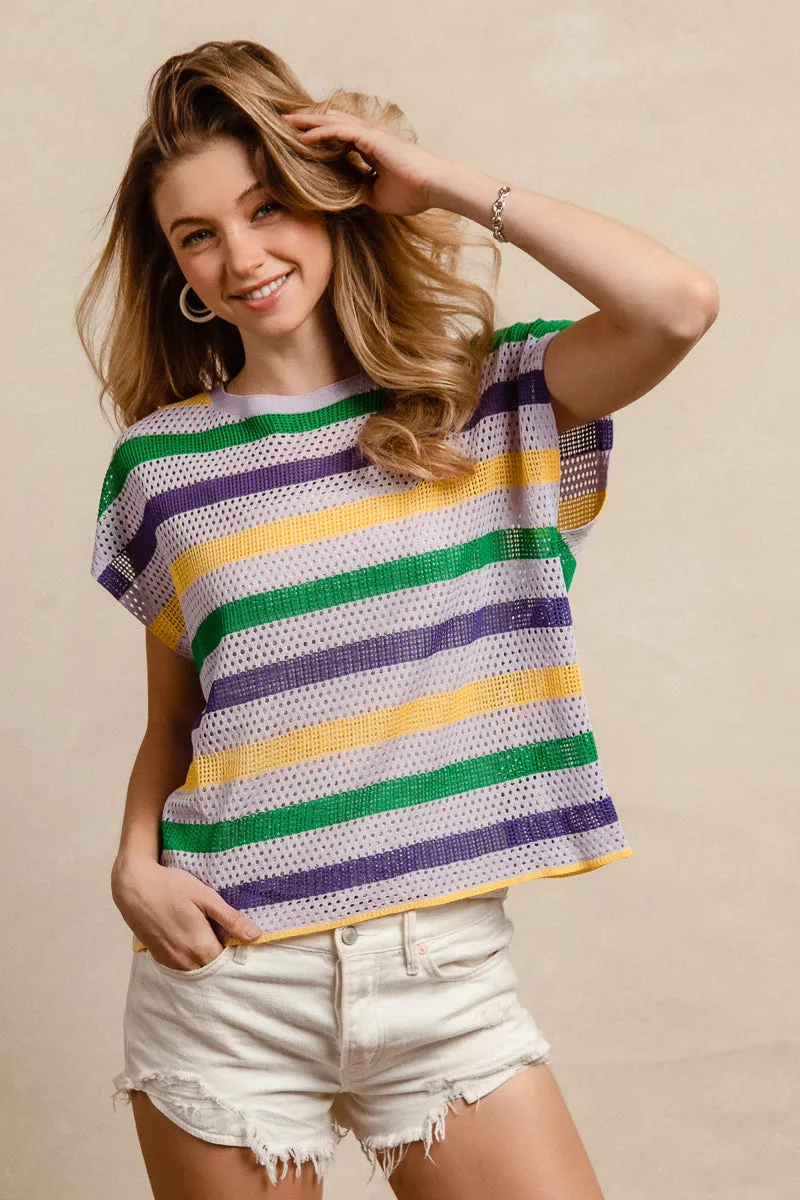 Quick Move IP9236-13 | MARDI GRAS STRIPES SHORT DOLMAN SLEEVE KNIT TOP