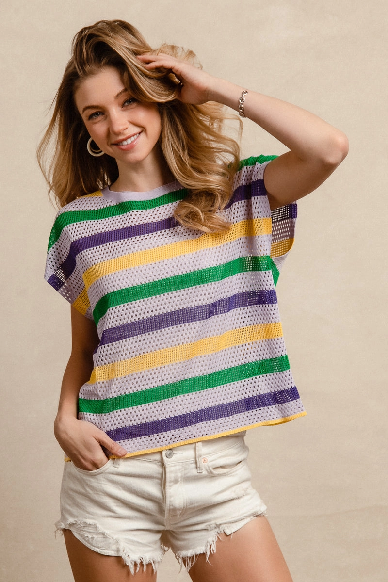 IP9236-13 | MARDI GRAS STRIPES SHORT DOLMAN SLEEVE KNIT TOP Statement Piece Ready Glow