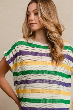 IP9236-13 | MARDI GRAS STRIPES SHORT DOLMAN SLEEVE KNIT TOP Mature Glam Night Charm