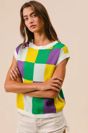 IP9541-07 | MARDI GRAS CHECKER PATTERN SLEEVELESS SWEATER TOP Commuter Friendly Look