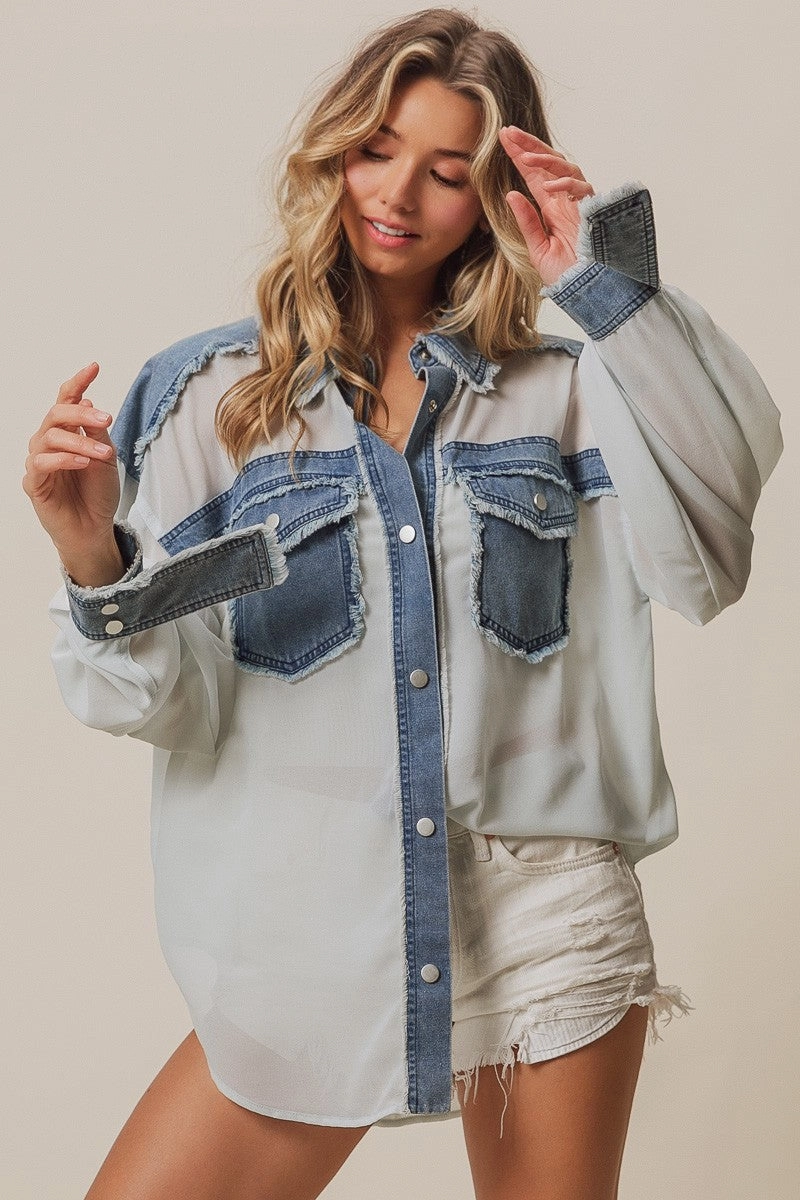 clean design IP9762-01 | FRAYED EDGE DENIM CONTRAST CHIFFON JAKCET