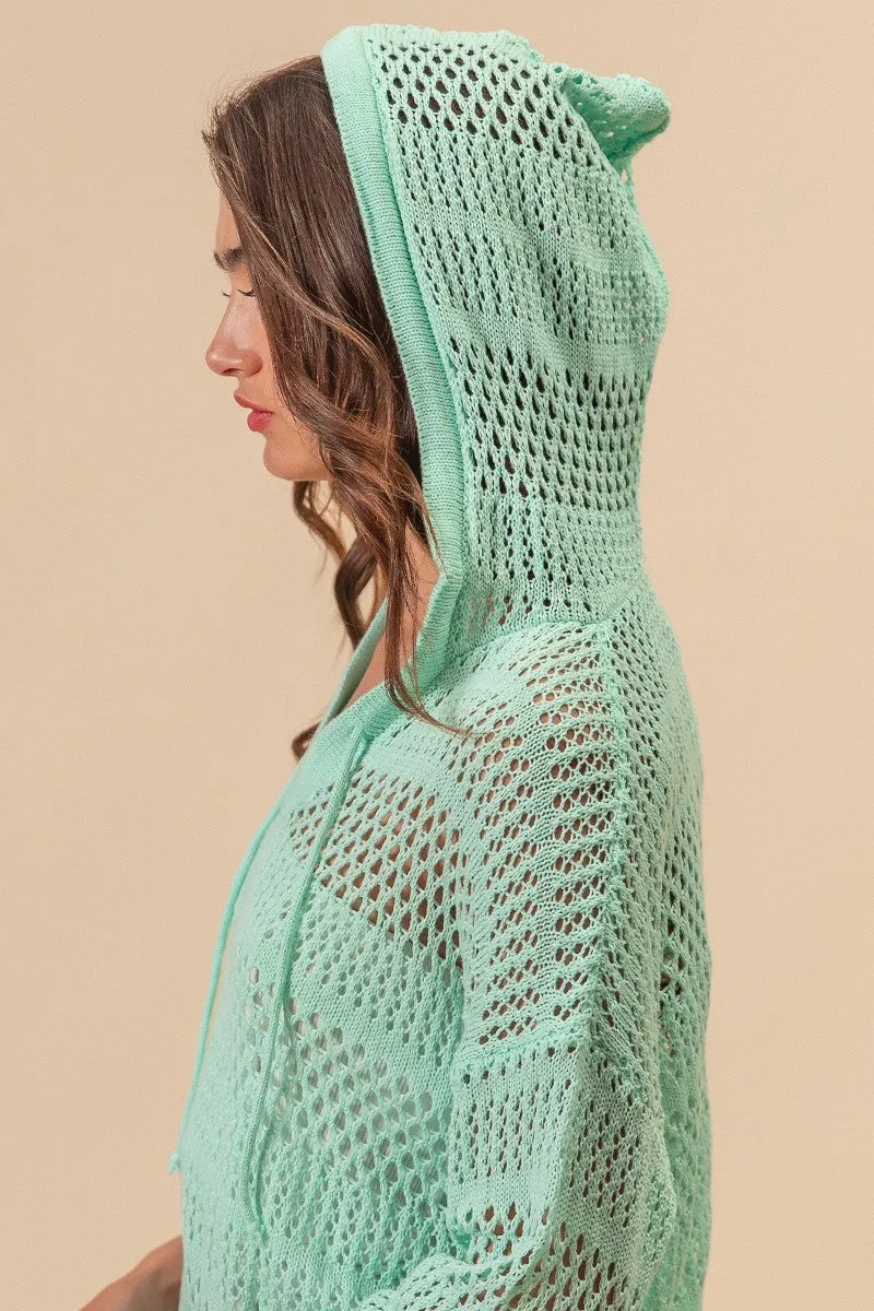 IP9783-01 | OPEN KNIT V-NECK HOODED LIGHTWEIGHT COVER UP Lightweight Comfort Weather Ready