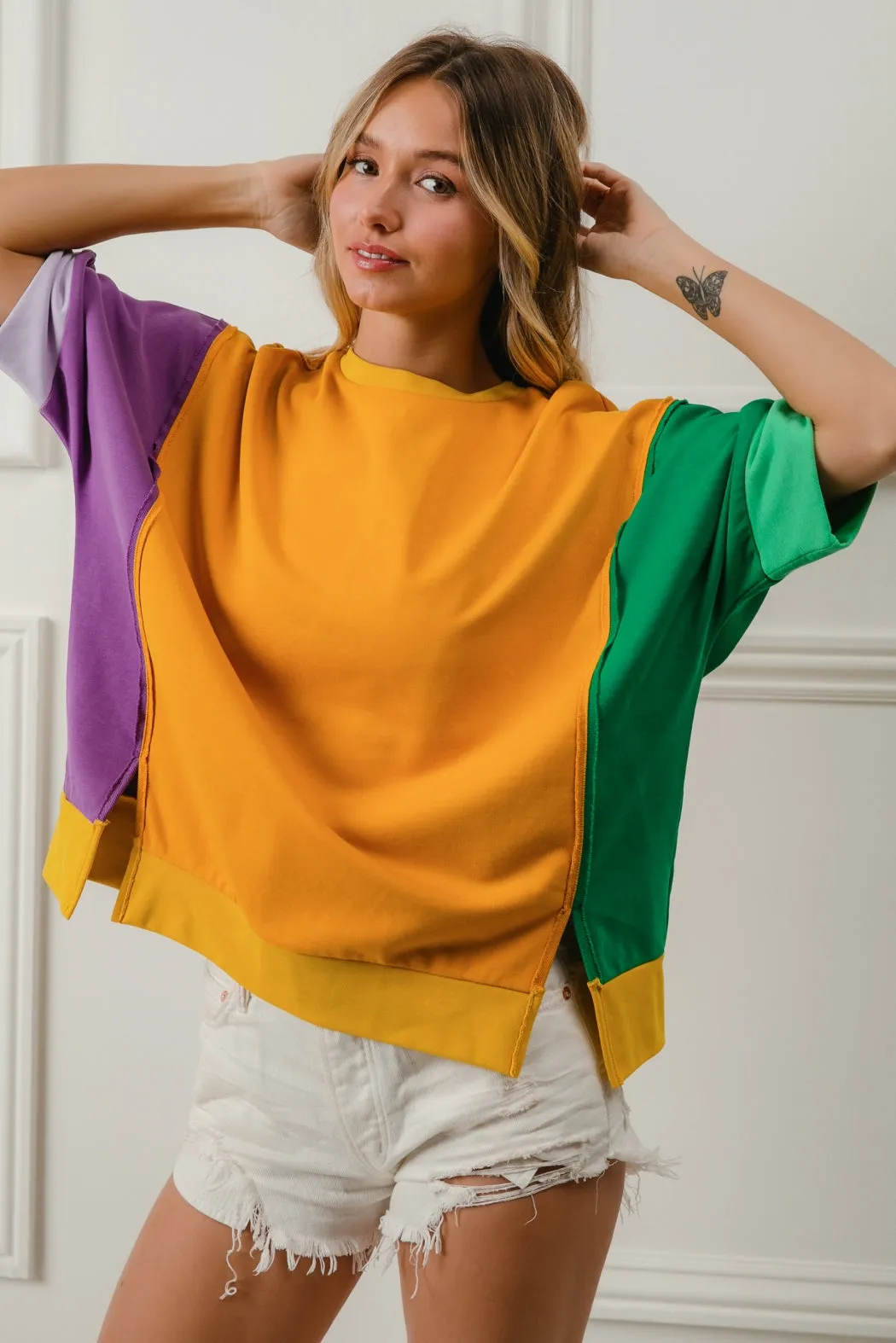 Heat Friendly IP9872-12 | MARDI GRAS COLOR BLOCK OPEN SEAM DETAIL TOP