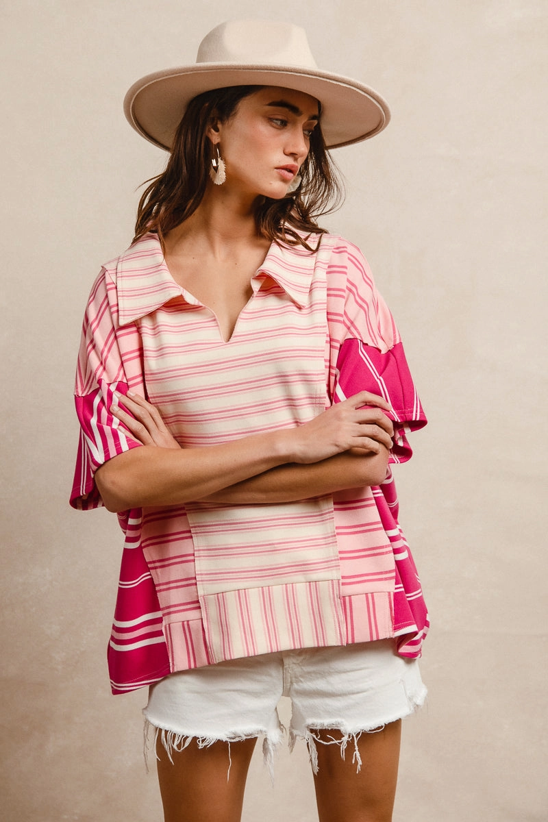 IT1219S-02 | STRIPE MIX AND MATCH V NECK COLLARED TOP Day Hike Style