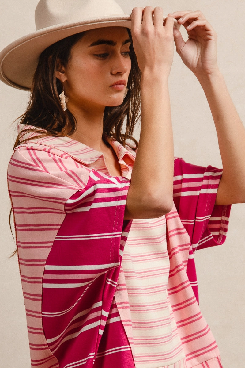Crisp Air Piece IT1219S-02 | STRIPE MIX AND MATCH V NECK COLLARED TOP