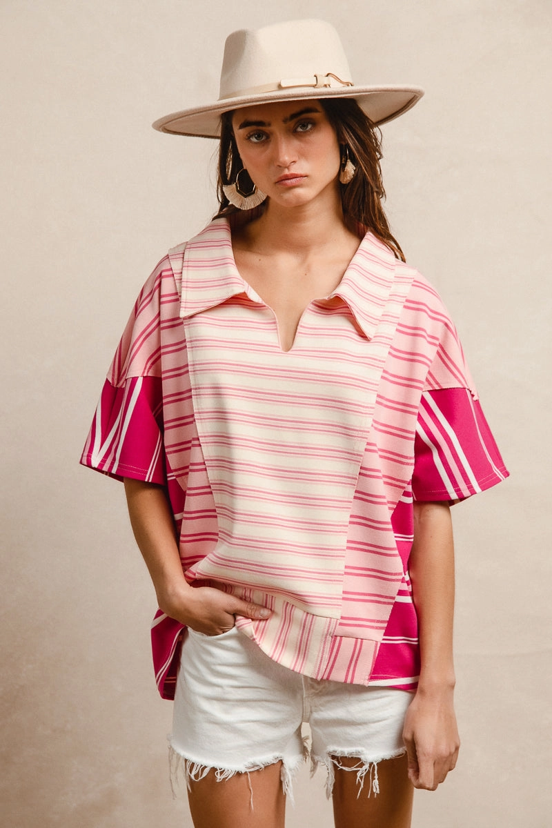 Light Pack Option Soft Touch IT1219S-02 | STRIPE MIX AND MATCH V NECK COLLARED TOP