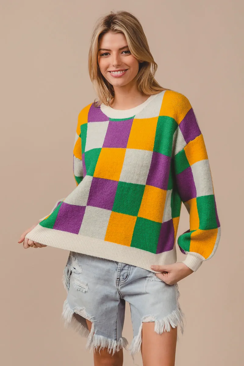 Trendy Must Have Comfortable Urban Piece IT1249G-06 | MARDI GRAS CHECKER SWEATER TOP