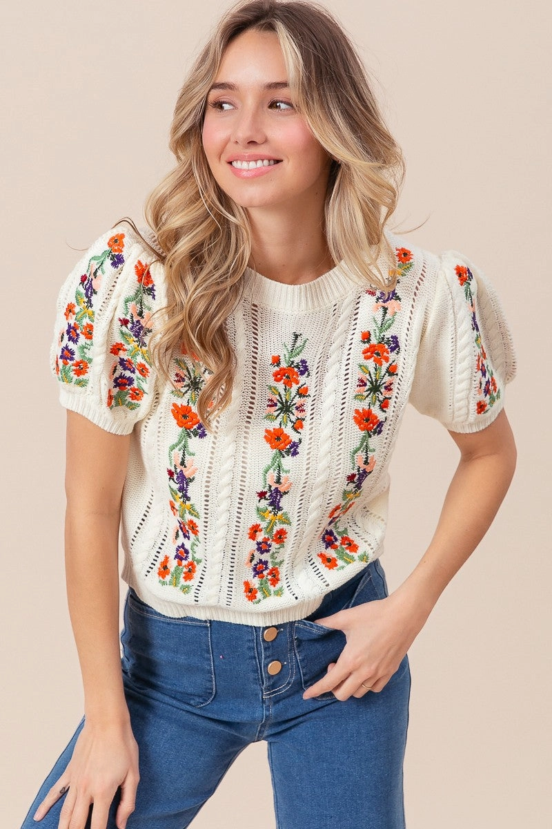 Functional Pocket City Walking Style IT1309-01 | FLOWER EMBROIDERY POINTELLE SHORT SLEEVE SWEATER
