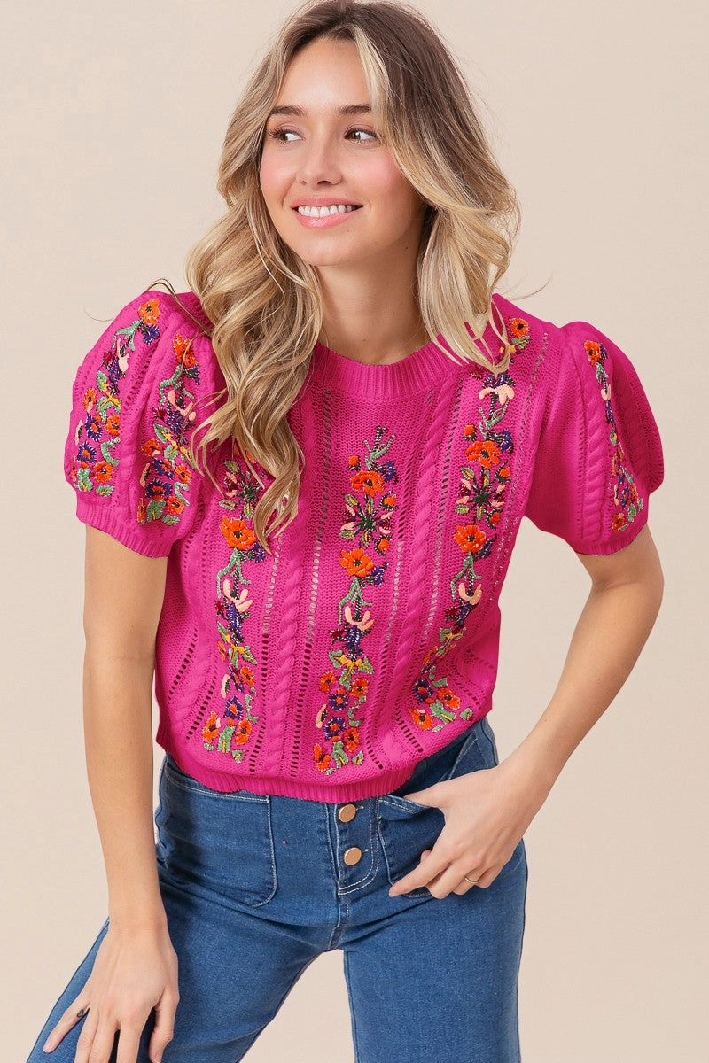 IT1309-01 | FLOWER EMBROIDERY POINTELLE SHORT SLEEVE SWEATER Tech Use Adjustable Fit Design