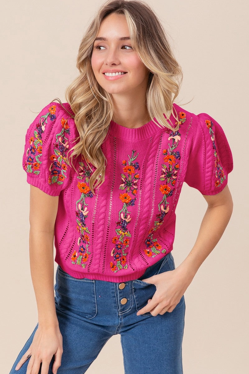IT1309-01 | FLOWER EMBROIDERY POINTELLE SHORT SLEEVE SWEATER Day To Night Casual Outdoor Look